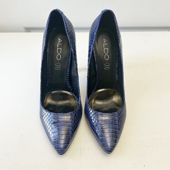 Aldo Blue Leather Snakeskin Pattern High Heels Pointed Toe Stilettos Size 7.5 - Picture 4 of 16